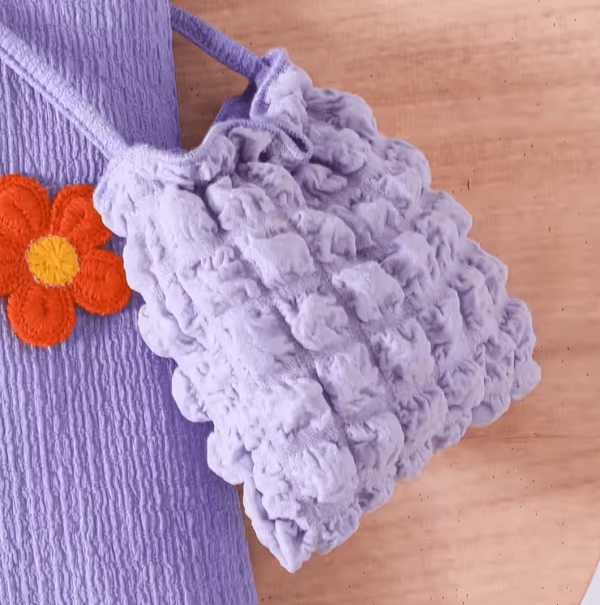 Purple Ruffle Short Sleeve Baby Girl Embroidery Frock With Bag - Image 5