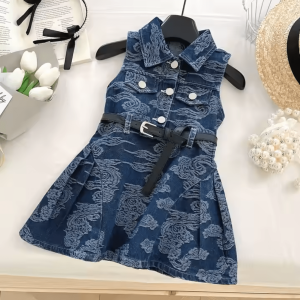 Summer Modern Baby Girl Denim Floral Dress With Belt