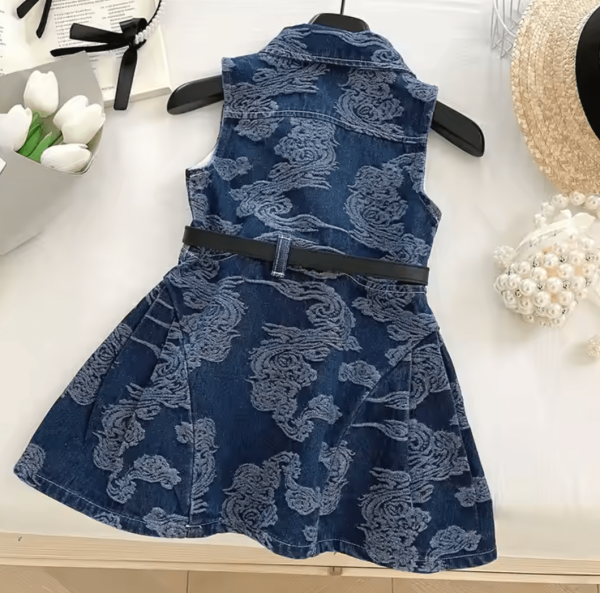 Summer Modern Baby Girl Denim Floral Dress With Belt - Image 4