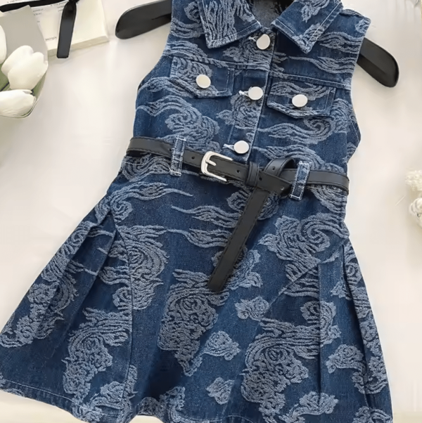 Summer Modern Baby Girl Denim Floral Dress With Belt - Image 6