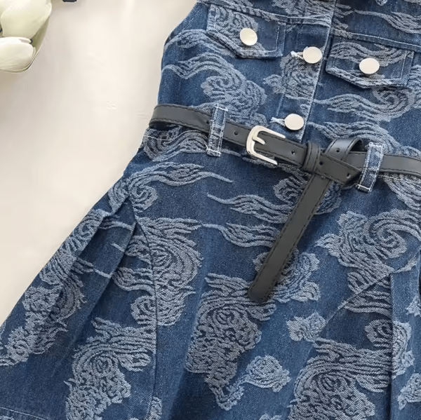 Summer Modern Baby Girl Denim Floral Dress With Belt - Image 2