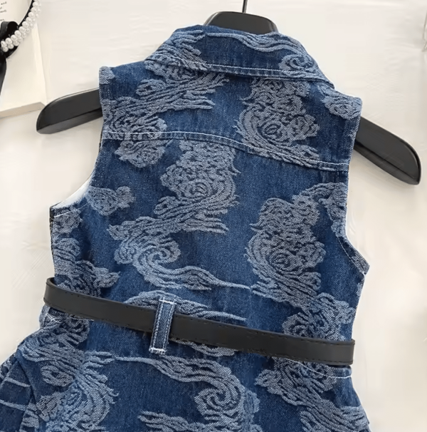 Summer Modern Baby Girl Denim Floral Dress With Belt - Image 3