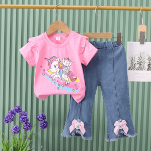 Unicorn Print Pink T Shirt And Denim Long Pant Baby Girl Design