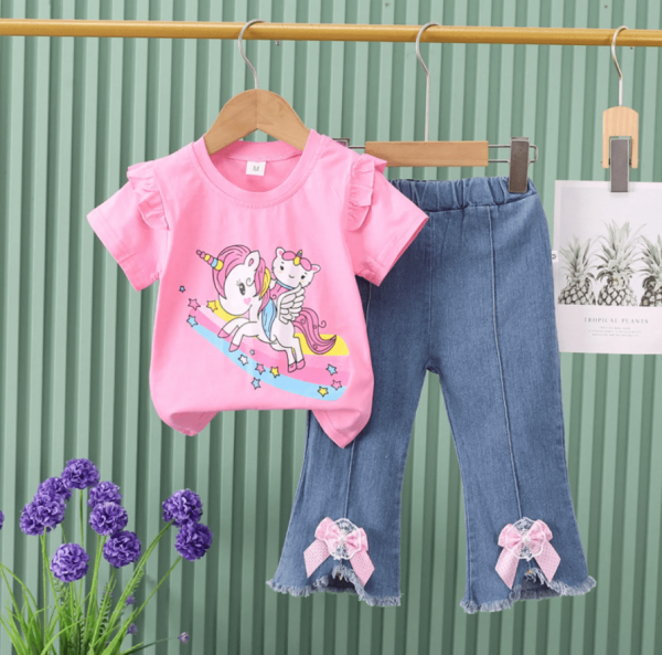 Unicorn Print Pink T Shirt And Denim Long Pant Baby Girl Design