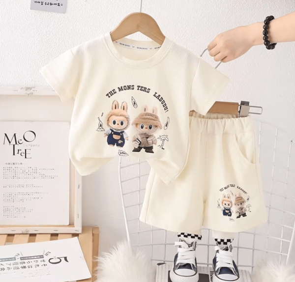 Labubu Print Cream Colour Cute Short Sleeve T Shirt Pant Design - Image 3