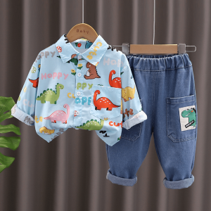 Dinosuar Print Blue Modern Shirt And Denim Long Pant Design