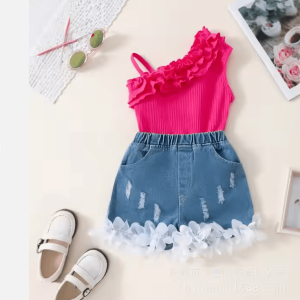 Cute Summer Baby Girl Hot Pink Ruffle Top With Modern Pant
