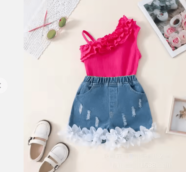 Cute Summer Baby Girl Hot Pink Ruffle Top With Modern Pant