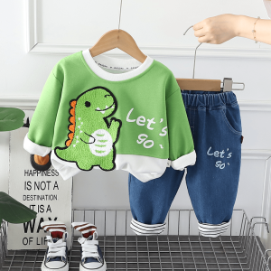 Kids Green Dinosaur Long Sleeve T Shirt And Blue Pant