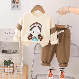 Kids Cute Doll Design Long Sleeve T Shirt And Brown Pant