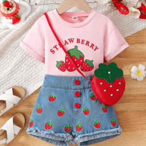 Cute Summer Baby Girl Pink Strawberry Top Denim Pant With Bag Design