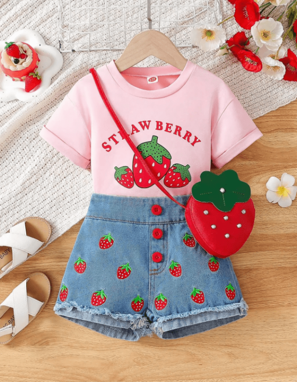 Cute Summer Baby Girl Pink Strawberry Top Denim Pant With Bag Design