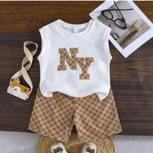Luxury Modern Comfortable White Sleeveless Letter Print T Shirt And Beige Brown Printer Pant Design