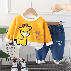 Kids Cute Yellow Giraffe Long Sleeve T Shirt And Blue Pant