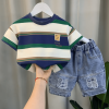 Dark Blue And White Stripe  Design Comfortable T Shirt Pant Set