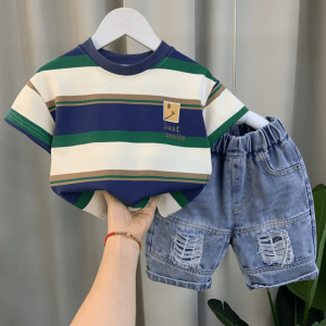 Dark Blue And White Stripe  Design Comfortable T Shirt Pant Set