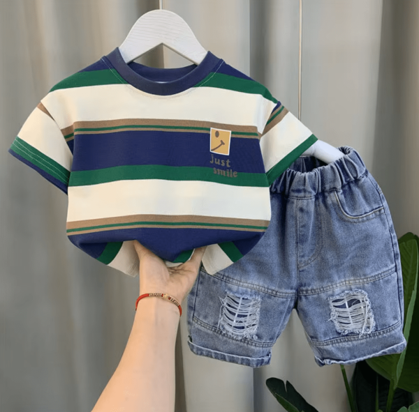 Dark Blue And White Stripe  Design Comfortable T Shirt Pant Set