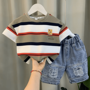 Brown Red And White Stripe  Design Comfortable T Shirt Pant Set