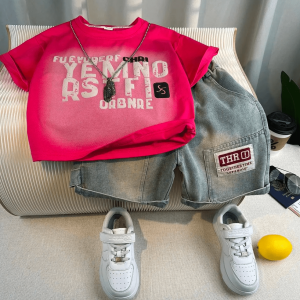 Pink Red Letter Print T Shirt And Denim Pant Design