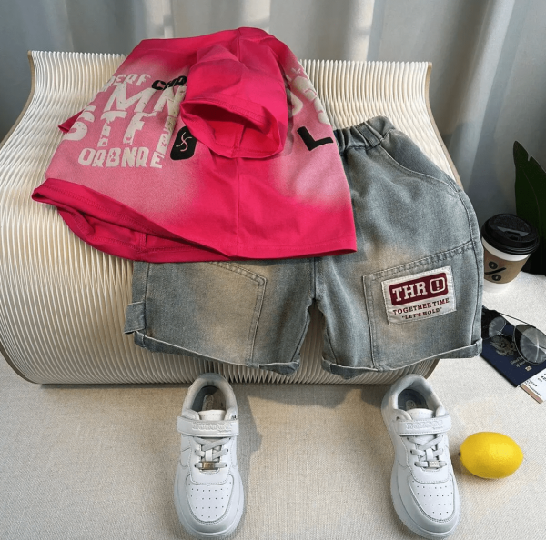 Pink Red Letter Print T Shirt And Denim Pant Design - Image 2