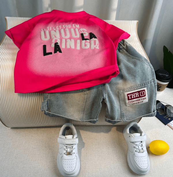 Pink Red Letter Print T Shirt And Denim Pant Design - Image 6
