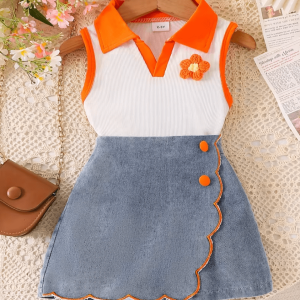 Cute Summer Baby Girl White Orange Top And Denim Skirt Pant Design