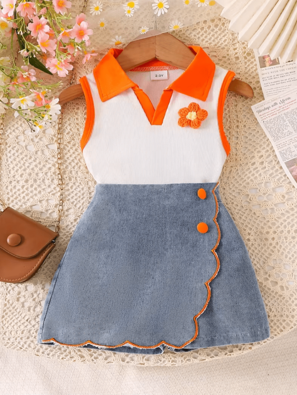 Cute Summer Baby Girl White Orange Top And Denim Skirt Pant Design