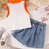 Cute Summer Baby Girl White Orange Top And Denim Skirt Pant Design - Image 2