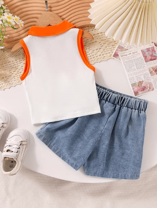 Cute Summer Baby Girl White Orange Top And Denim Skirt Pant Design - Image 2