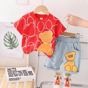 Bear Pattern Red T Shirt WIth Blue Denim Pant Design