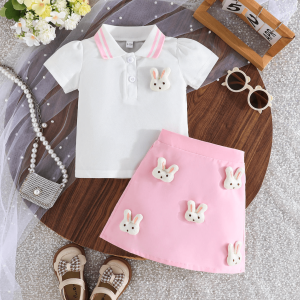 White T Shirt And Pink Skirt Cute Rabbit Baby Girl Design
