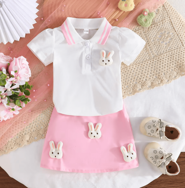 White T Shirt And Pink Skirt Cute Rabbit Baby Girl Design - Image 3